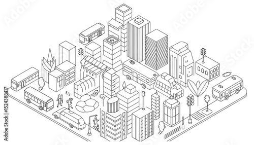 Architectural sketch of an urban city skyline with towering buildings and intricate street-level illustrations