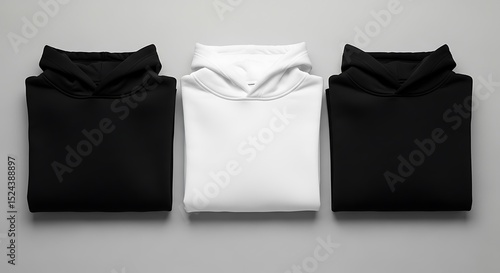 Three folded hoodies in black and white on a solid gray background