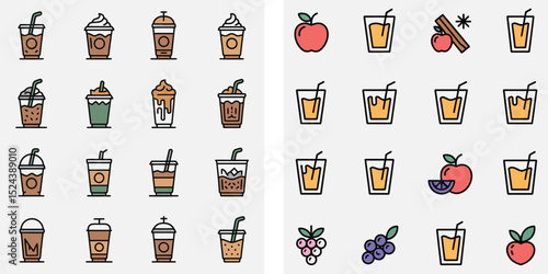 Vector illustration set of drink icons: beer bottles, wine glasses, coffee cups, and juice beverages
