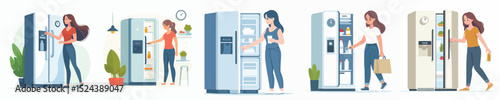 vector character woman opening refrigerator