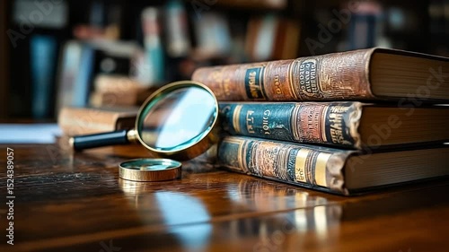 Magnifying glass is on top of a stack of books. The books are old and have a vintage look to them. The scene gives off a sense of curiosity and intrigue