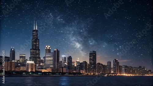 Stunning nighttime view of chicago skyline illuminated by city lights and a starry milky way galaxy
