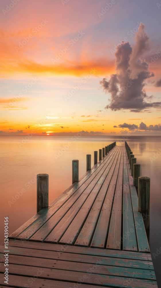 Obraz premium Long wooden pier extending into still ocean under dramatic sunrise sky with vibrant cloud reflections