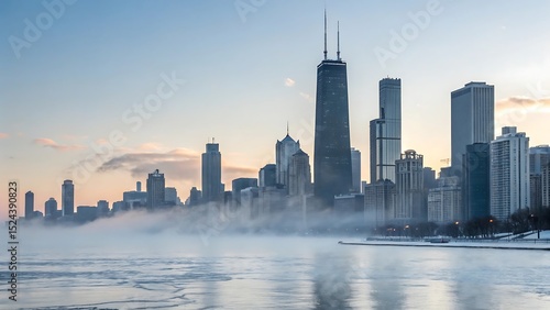 Chicago skyline at sunrise over foggy lake michigan creating a beautiful cityscape