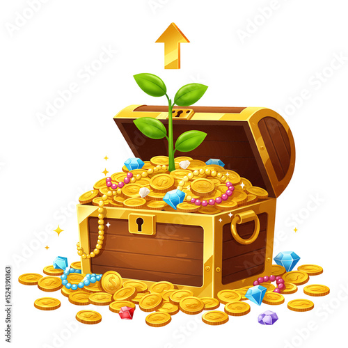 Financial Abundance Concept With Treasure Chest And Plant Featuring Upward Arrow For Hidden Investment Success Theme