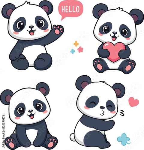 Adorable pandas in various poses stickers clipart Collection and expressions, perfect for children's designs and more