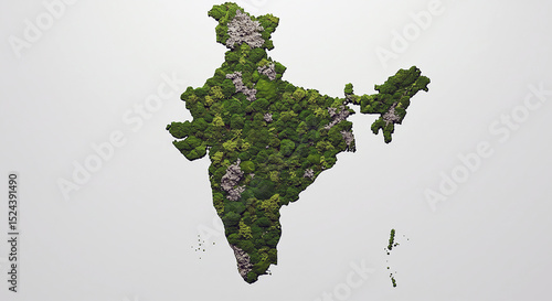 Stunning aerial view of India map crafted from lush green moss and subtle white accents. The vibrant texture and unique. It ideal for environmental or geographical projects.