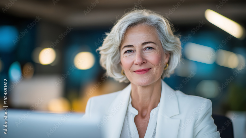 Professional older woman in blazer typing confidently, soft desk lighting and clean workspace enhancing her composed demeanor, abstract tech UI blurred on a nearby monitor Professional older woman in blazer typing confidently, soft desk lighting and clean workspace enhancing her composed demeanor, abstract tech UI blurred on a nearby monitor