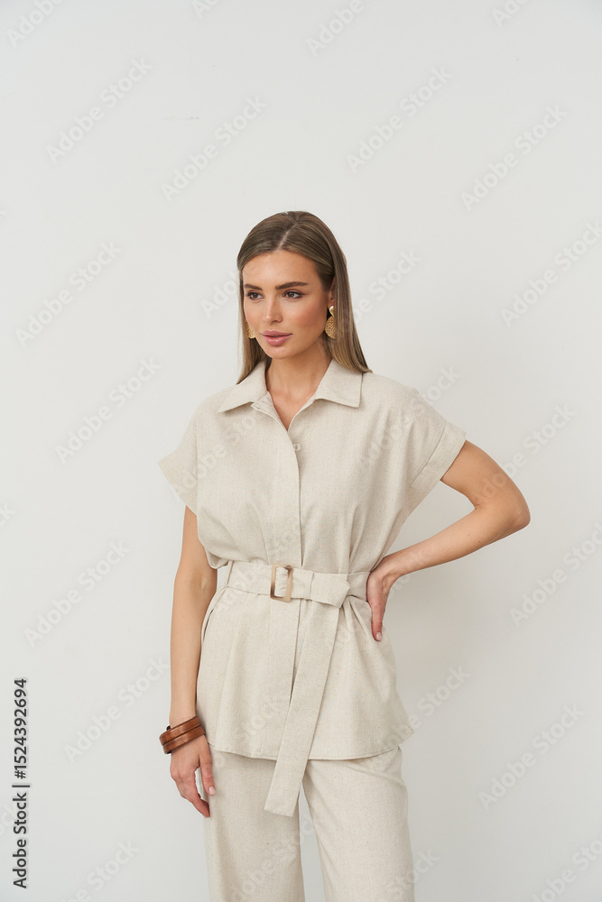 A woman with long brown hair wears a beige outfit with a belted top and wide pants. She poses with one hand on her hip, wearing earrings and holding a wooden bangle, looking to the side A woman with long brown hair wears a beige outfit with a belted top and wide pants. She poses with one hand on her hip, wearing earrings and holding a wooden bangle, looking to the side