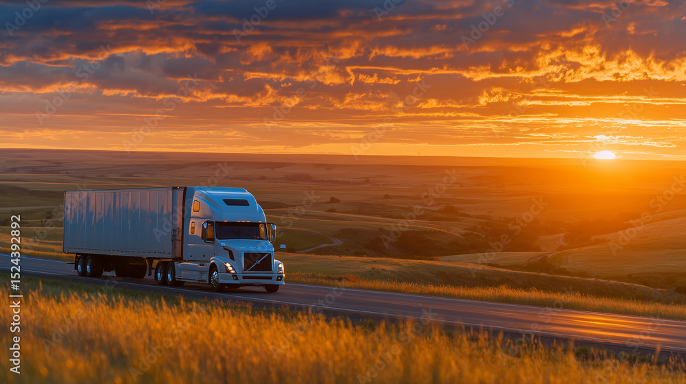 Obraz premium Tanker truck traveling through a wide-open prairie highway at sunset, fiery sky blending with golden fields, silhouette of the truck sharp against the glowing horizon