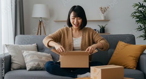 Woman opens carton on sofa in living room for online shopping, home use