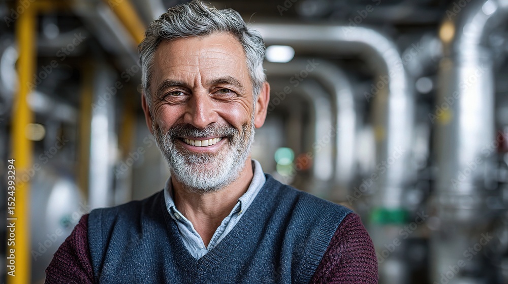 Fototapeta premium Happy Mature Businessman Smiling in Industrial Boiler Room Setting