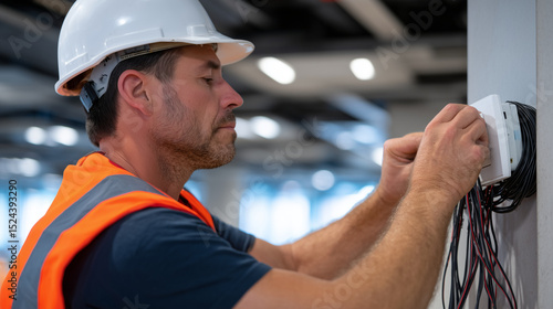Fire alarm installation in progress: worker attaches wiring to a smoke detector base, cables neatly organized, high-tech control panel mounted on nearby wall in a modern building