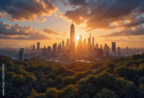 Sunset over a modern city skyline with lush green foreground and vibrant clouds