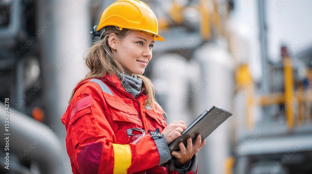 Female Engineer in Red Coveralls with Clipboard at Oil Pipeline Site Female Engineer in Red Coveralls with Clipboard at Oil Pipeline Site