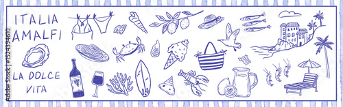 Amalfi coast summer vacation set with lemons, seafood, wine, and seaside lifestyle reflecting La Dolce Vita spirit. Vector illustration in hand-drawn crayon style.