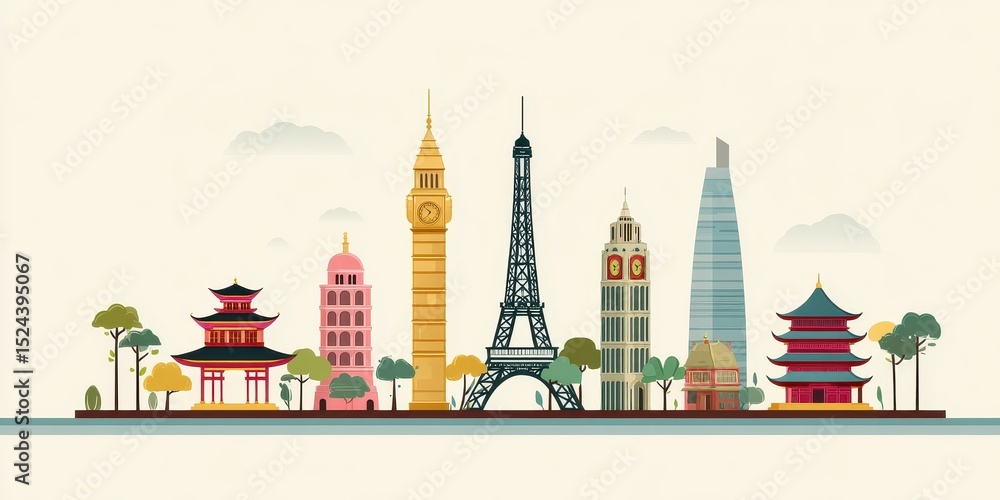 Obraz premium Flat Vector Travel Art Featuring Iconic Sites