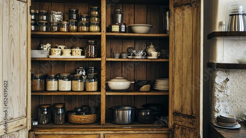 Wooden pantry cabinet filled with various food items and dishes