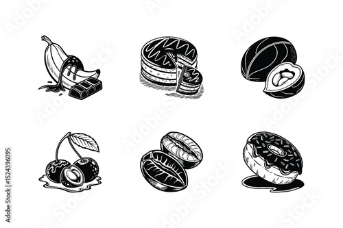 Sweet Treats Monochrome Illustrations of Fruits, Cakes, and Coffee Beans