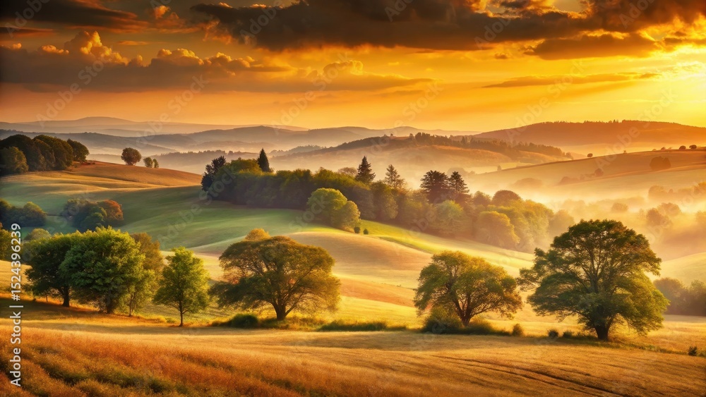 Fototapeta premium A serene landscape with a vast expanse of rolling hills and towering trees under a warm golden smoky sky with hues of burnt orange and pale yellow at dusk , rustic, countryside
