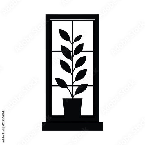 Plant in pot on windowsill silhouette isolated on white background