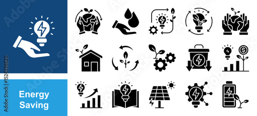 Energy Saving icon set with conservation, reduce waste, consumption, management, efficiency, gas emission and green house.