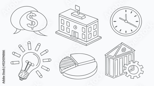 Isometric Line Art Icons Finance, Education, and Time Management