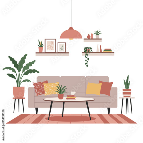 Living room interior with sofa, bookshelves and plants. Vector cartoon illustration of modern lounge with big window, blue curtains, carpet and picture on wall