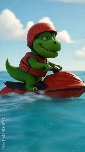 Cartoon Dinosaur Riding Jet Ski on Ocean – Fun 3D Animation in 4K