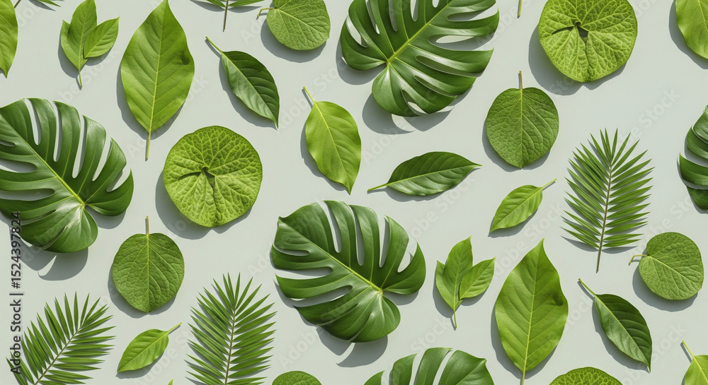 Obraz premium Flat lay of green tropical leaves with natural sunlight and soft shadows