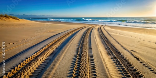 Fototapeta Naklejka Na Ścianę i Meble -  Deep tire tracks on sandy dune with waves in background, beach, dune