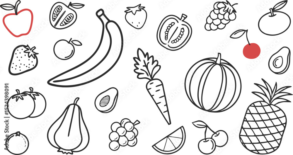 Fototapeta premium Fruit berry vegetable food line icon vector set. minimalist vector illustration featuring a large collection of outlined fruits and vegetables.