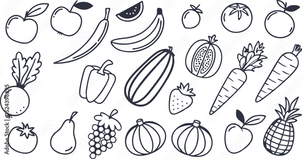 Fototapeta premium Fruit berry vegetable food line icon vector set. minimalist vector illustration featuring a large collection of outlined fruits and vegetables.