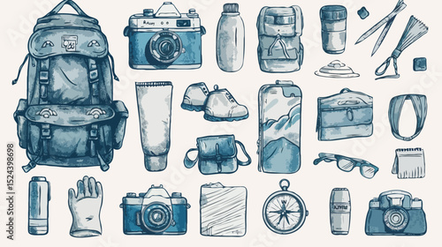 Outdoor adventure gear collection in blue hand-drawn style  