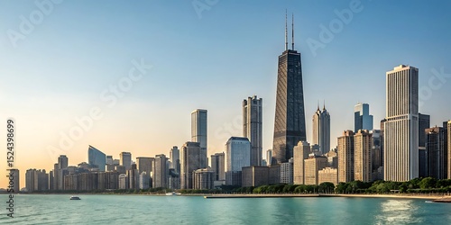 Chicago skyline and lake michigan at sunset with a clear blue sky and water