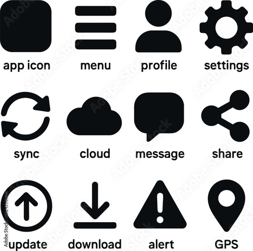 app and UI icon set. black icons for app menu, sync, cloud, alert, update, GPS, download, and profile.