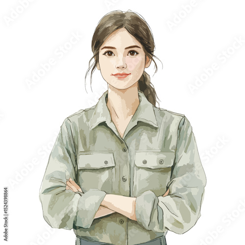 Watercolor Portrait of a Woman with Arms Crossed Wearing a ButtonUp Shirt