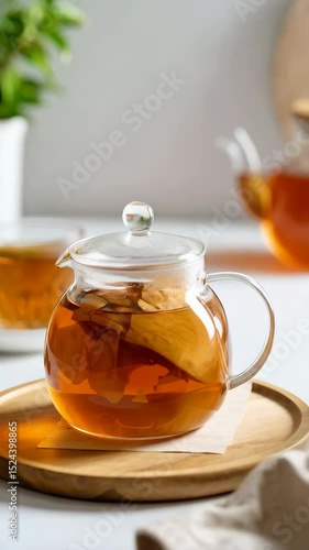 Steaming herbal tea in glass teapot displayed on round wooden tray with glass cup and second teapot on bright kitchen table.