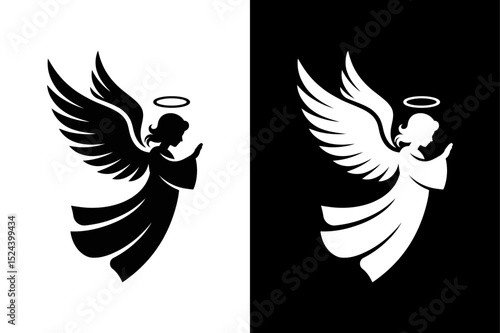 Minimalist Angel Silhouette Vector High-Quality Black & White Icon.