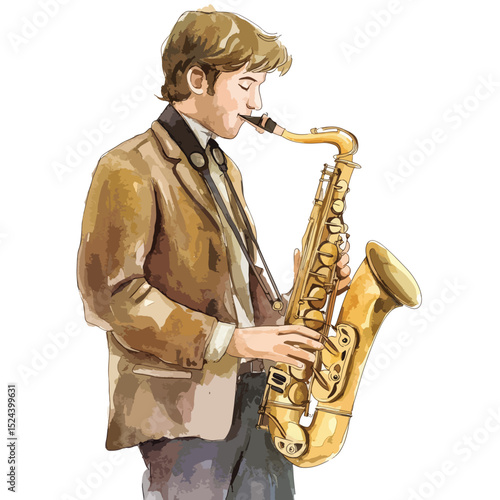 Watercolor Portrait of a Young Man Playing a Golden Saxophone