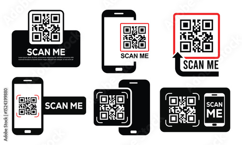 Minimalist black & white icons featuring QR codes and smartphones. Varied layouts show phones displaying QR codes with "SCAN ME," scanning actions with arrows, and phones over codes. Clean design with