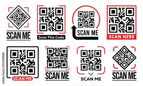 Grid of 9 black & white "SCAN ME" QR codes in red square borders. Some feature red directional arrows. Centered codes, clean symmetrical design on white background. Modern.