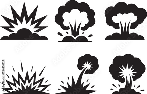 Powerful dynamic black and white silhouette illustration of explosion icons set with various bomb blast effects