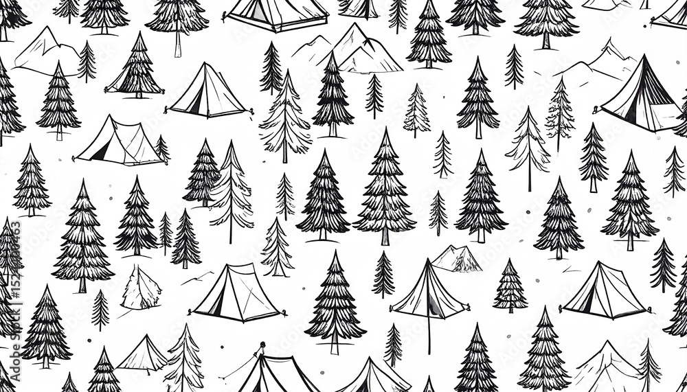 Obraz premium Repeating pattern of hand-drawn tents, evergreen trees, and mountain peaks on a white background. The sketch-style illustration evokes a sense of wilderness camping