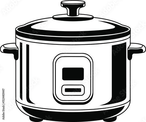 "Black and White Vector Illustration of a Modern Electric Rice Cooker with Side Handles and Control Panel"