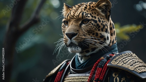 Samurai leopard character hybrid looking cool on cinematic environment, looking proudly and enthusiastic