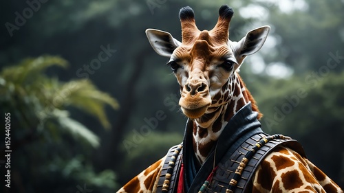 Samurai giraffe character hybrid looking cool on cinematic environment, looking proudly and enthusiastic