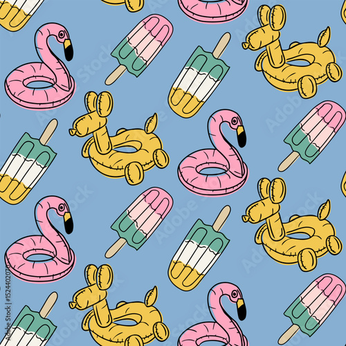 Playful seamless summer pattern with flamingo floats, ice pops and balloon animal tubes. Captures fun, relaxation and poolside vibes in a colorful seasonal design