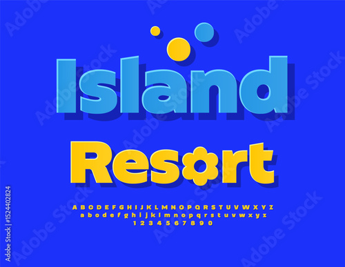 Vector Creative flyer Island Resort with Deorative. Summer Yellow Font. Classic Alphabet Letters and Numbers. 