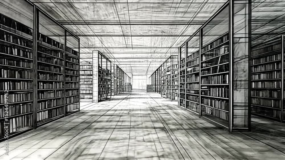 Interior view of a library, depicted in a detailed black and white ...